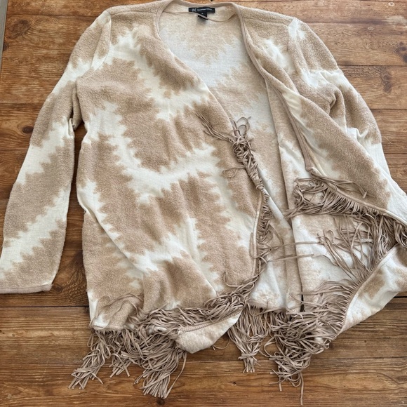 INC International Concept Soft Tan and Cream Fringed Open Cardigan Women’s M GUC - Picture 7 of 11